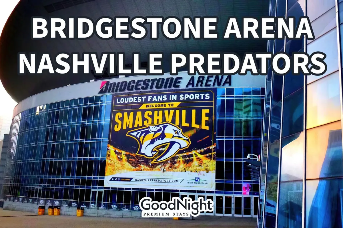This exterior shot captures the lively Bridgestone Arena, a hub for concerts and sports events, complete with the Nashville Predators logo and a vibrant 'Welcome to Smashville' banner. The image exudes energy and excitement, drawing attention to one of the city's most iconic entertainment venues.