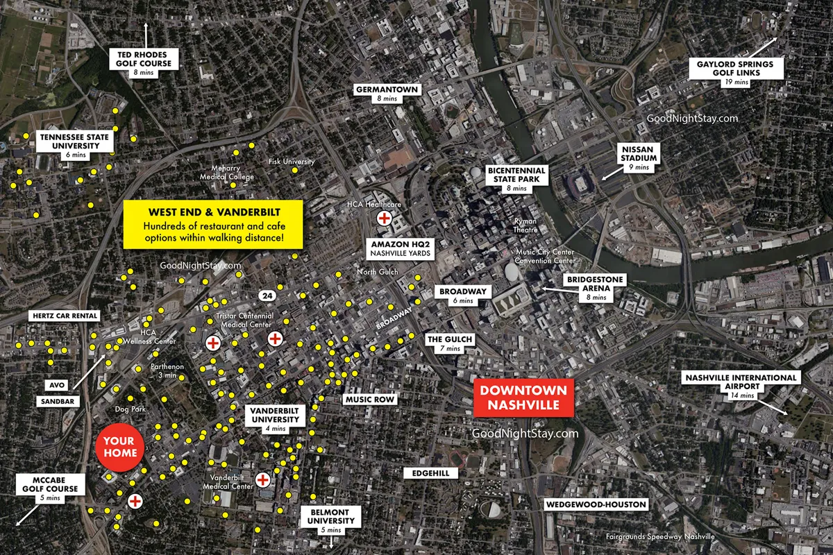 A vibrant neighborhood map-view highlighting proximity to downtown Nashville, Music Row, Vanderbilt University, and nearby restaurants and cafes. The image emphasizes walkability and urban access.